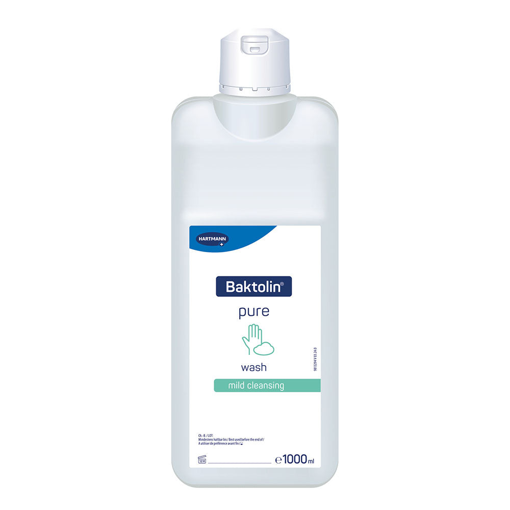 Weißer Kanister mit grünem Deckel und etikettdruck für Bode Baktolin Pure Waschlotion. Der Kanister hat ein Volumen von 5 Litern und ist für die hygienische Händewaschung bestimmt. Auf dem Etikett sind die Produktbezeichnung, eine kurze Beschreibung der Anwendung sowie Sicherheitshinweise abgebildet. Die Schrift ist klar und gut leserlich, mit einem modernen Design. Der Hintergrund des Bildes ist neutral, sodass der Fokus auf dem Kanister liegt.