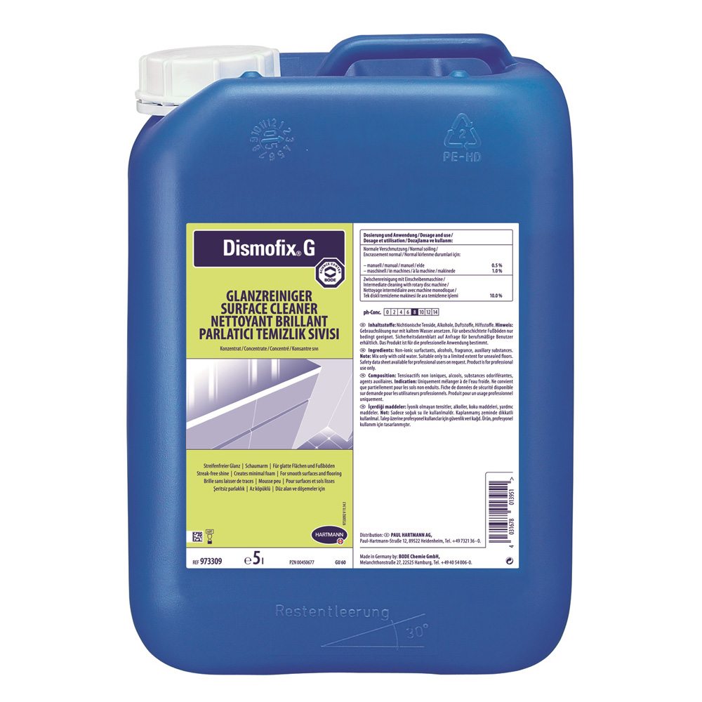 Reinigungsmittel Flasche von Bode Dismofix G in einer klaren, eleganten Kunststoffverpackung mit grünem Deckel. Die Flasche hat ein ansprechendes Design und enthält einen Glanzreiniger für die Reinigung von Oberflächen. Auf der Vorderseite sind die Produktbezeichnung und weitere Informationen deutlich sichtbar. Der Hintergrund ist neutral, damit die Flasche und ihr Inhalt im Mittelpunkt stehen. Die transparente Verpackung ermöglicht einen Blick auf die klare Flüssigkeit im Inneren.