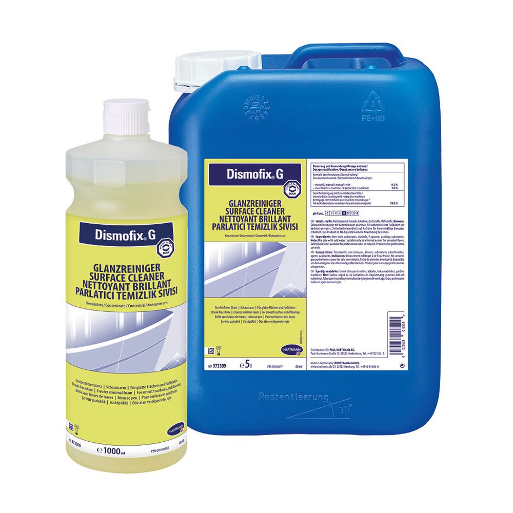 Reinigungsmittel von Bode Dismofix G, in einer klaren, transparenten 1000 ml Flasche. Die Flasche hat einen ergonomischen, weißen Sprühkopf, der eine feine Sprühnebelverteilung ermöglicht. Das Etikett ist in Blau und Weiß gehalten, mit dem Produktnamen "Dismofix G" deutlich hervorgehoben. Zudem sind Anwendungshinweise sowie Inhaltsstoffe auf dem Etikett abgebildet. Die Flasche steht auf einem neutralen Hintergrund, was die Aufmerksamkeit auf das Produkt lenkt.