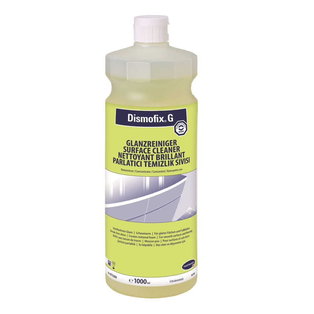 Das Bild zeigt eine 5000 ml Flasche des Bode Dismofix G Reinigungsmittels in einem klaren, ergonomischen Design. Die Flasche hat eine klare, transparente Struktur, die den Inhalt sichtbar macht. Auf der Vorderseite befindet sich ein auffälliges Etikett mit dem Produktnamen in Fettdruck und einer Beschreibung, die dessen Eigenschaften hervorhebt. Im Hintergrund ist ein schlichtes, helles Design zu sehen, das den Fokus auf das Produkt lenkt.