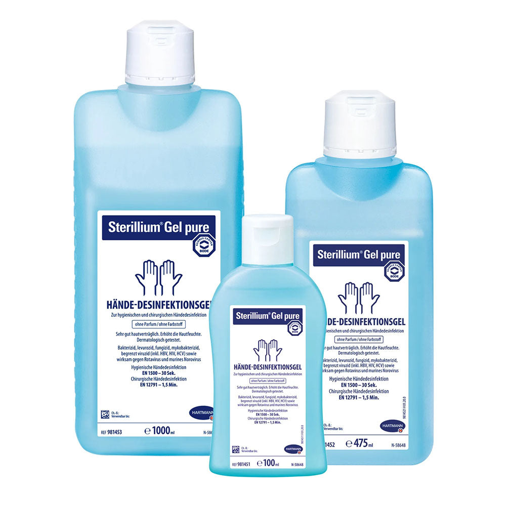 Bode Sterillium Gel Pure Handdesinfektionsgel in einer 100 ml Flasche. Die Flasche ist transparent und zeigt die klare, farblose Flüssigkeit im Inneren. Auf der Vorderseite befindet sich ein farbig gedrucktes Etikett mit der Aufschrift "Sterillium Gel Pure" sowie weiteren Informationen zur Anwendung. Das Design ist modern und ansprechend, mit blau-grünen Akzenten. Der Deckel ist in einer passenden Farbe gestaltet.