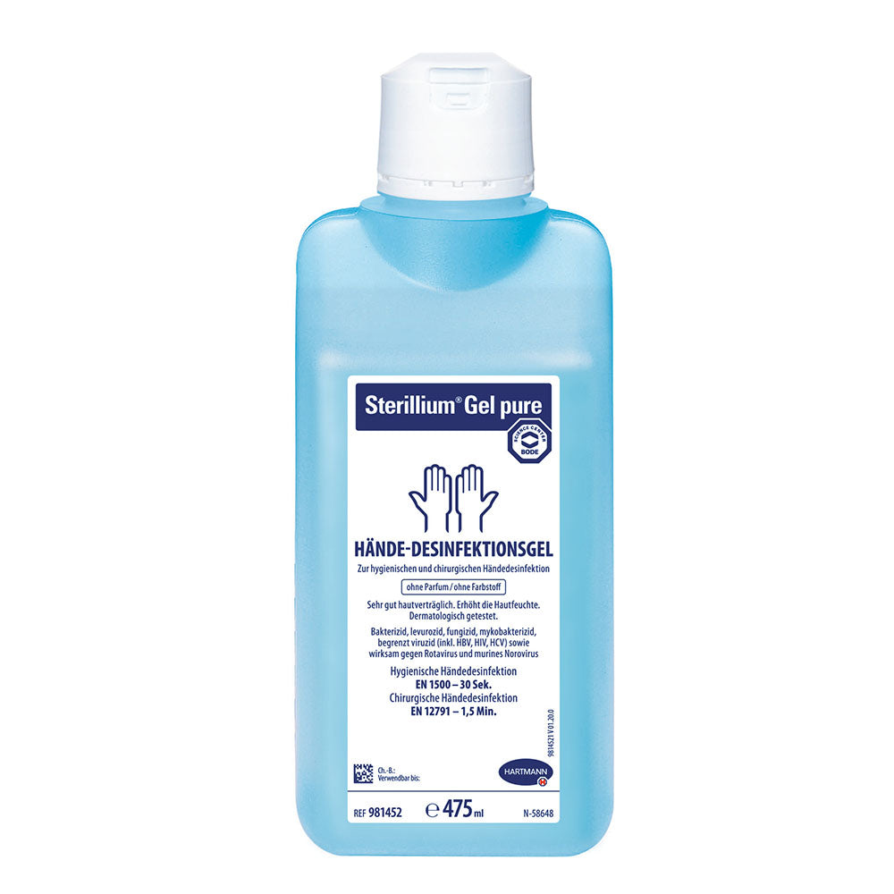 Desinfektionsgel in einem transparenten, quadratischen Flakon mit schwarzem Spenderkopf und einem klaren, etikettierten Pumpverschluss. Die Vorderseite des Flakons zeigt das Logo „Bode Sterillium Gel Pure“ in blauer Schrift. Unter dem Logo steht „Handdesinfektionsgel“ und „Größe: 475 ml“ in kleinerer Schrift. Der Hintergrund des Flakons ist schlicht und hell, um den Fokus auf das Produkt zu legen. Das Gel ist klar und visuell sichtbar. Ideal für hygienische Anwendungen.
