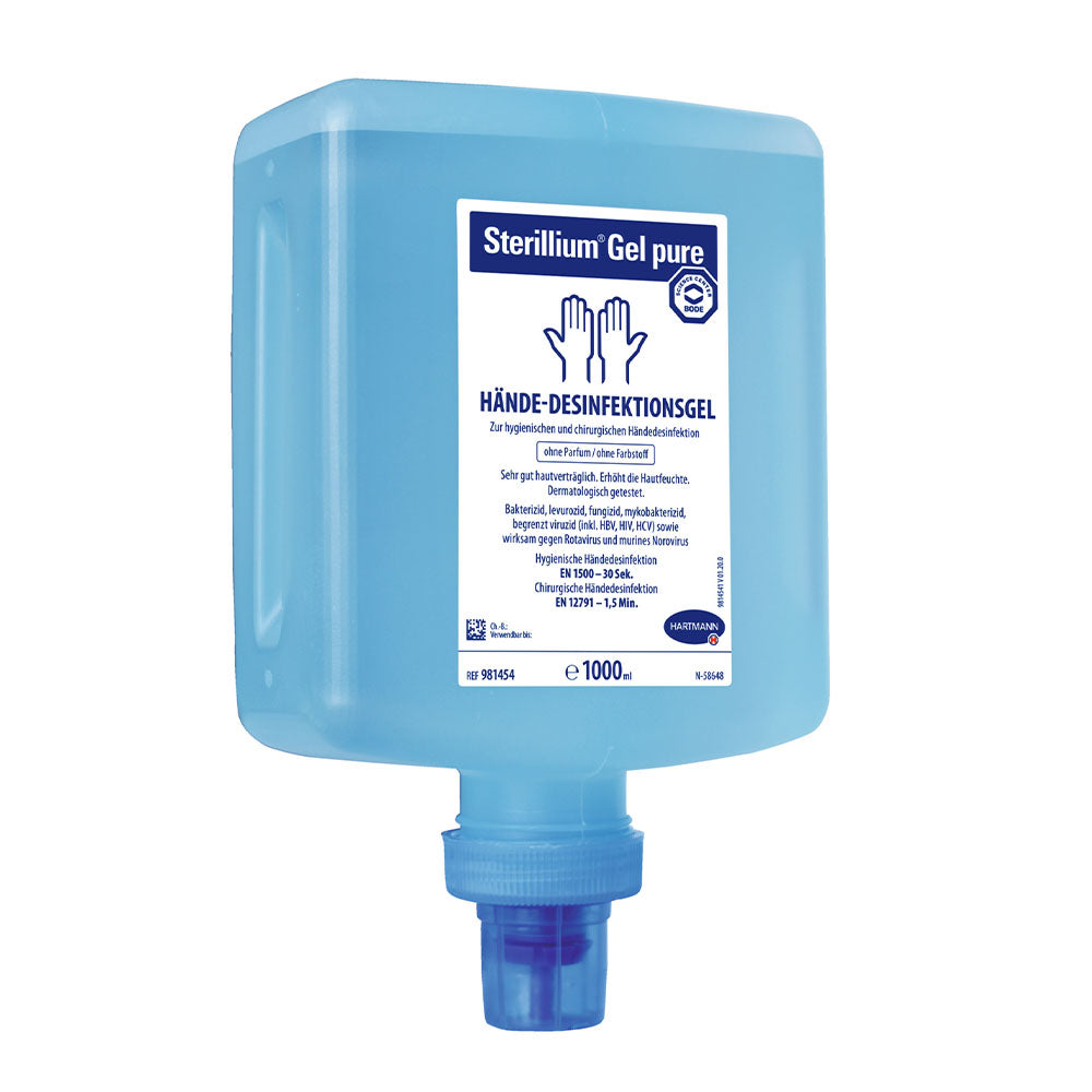 Bild eines Bode Sterillium Gel Pure Handdesinfektionsmittels, das in einer transparenten Flasche mit grauem Pumpkopf präsentiert wird. Die Flasche hat ein modernes, elegantes Design und ist teilweise gefüllt mit einer klaren, gelartigen Flüssigkeit. Auf dem Etikett sind die Produktinformationen in blauer Schrift dargestellt, darunter der Produktname und Anweisungen zur Anwendung. Der Hintergrund ist neutral gehalten, um das Produkt zu betonen.