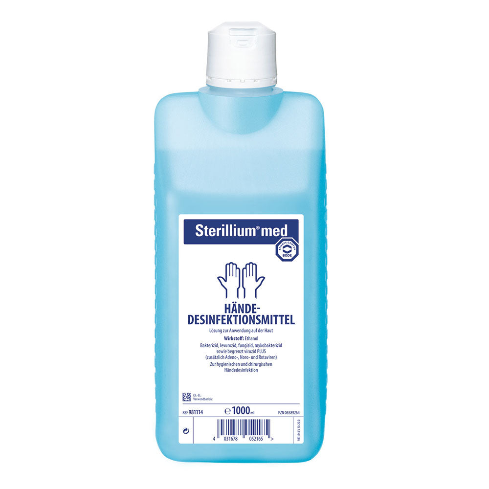 Sterillium Med desinfizierende Flüssigkeit in einer 1000 ml Kunststoffflasche mit Pumpspender. Die Flasche hat eine klare, formschöne Kontur mit einem etikettierten Vorderbereich. Das Etikett zeigt den Produktnamen "Sterillium Med", begleitende Grafiken und Anwendungshinweise in professioneller Schriftart. Der Hintergrund ist hell und neutral, was das Produkt in den Vordergrund stellt. Die gesamte Präsentation vermittelt Seriosität und Vertrauen für die Anwendung in medizinischen und hygienischen Bereichen.