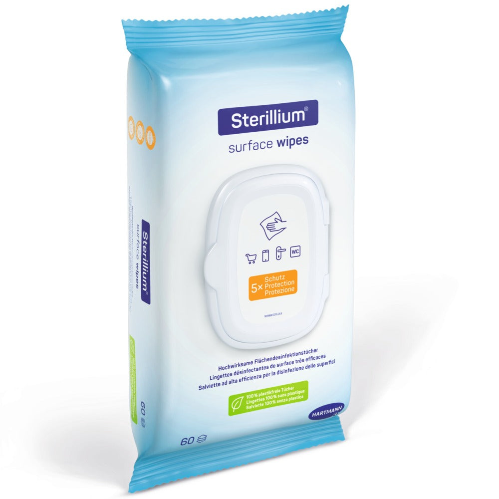 Bild eines Produkts: Bode Sterillium Oberflächen-Desinfektionstücher in einer Packung. Die Tücher sind in einem Sägemehl-beigen Container verpackt, der Informationen zur Anwendung und den Inhalt aufweist. Auf der Vorderseite sind die Maße der Tücher (17 x 20 cm) sowie das Logo und die Marke Bode klar sichtbar. Im Hintergrund ist eine dezente, einfarbige Fläche, die den Fokus auf das Produkt lenkt.