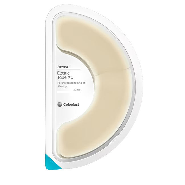 Ein Produktbild zeigt einen elastischen Fixierstreifen der Marke Brava, verfügbar in der Größe XL. Der Fixierstreifen ist in einer transparenten Verpackung angeordnet und umfasst 20 Stück. Die Verpackung hat eine klare, strukturierte Ansicht, auf der die Produktbezeichnung und einige Anwendungsinformationen zu sehen sind. Der Streifen selbst ist leicht gebogen und aus einem flexiblen Material, das eine sichere Befestigung ermöglicht.