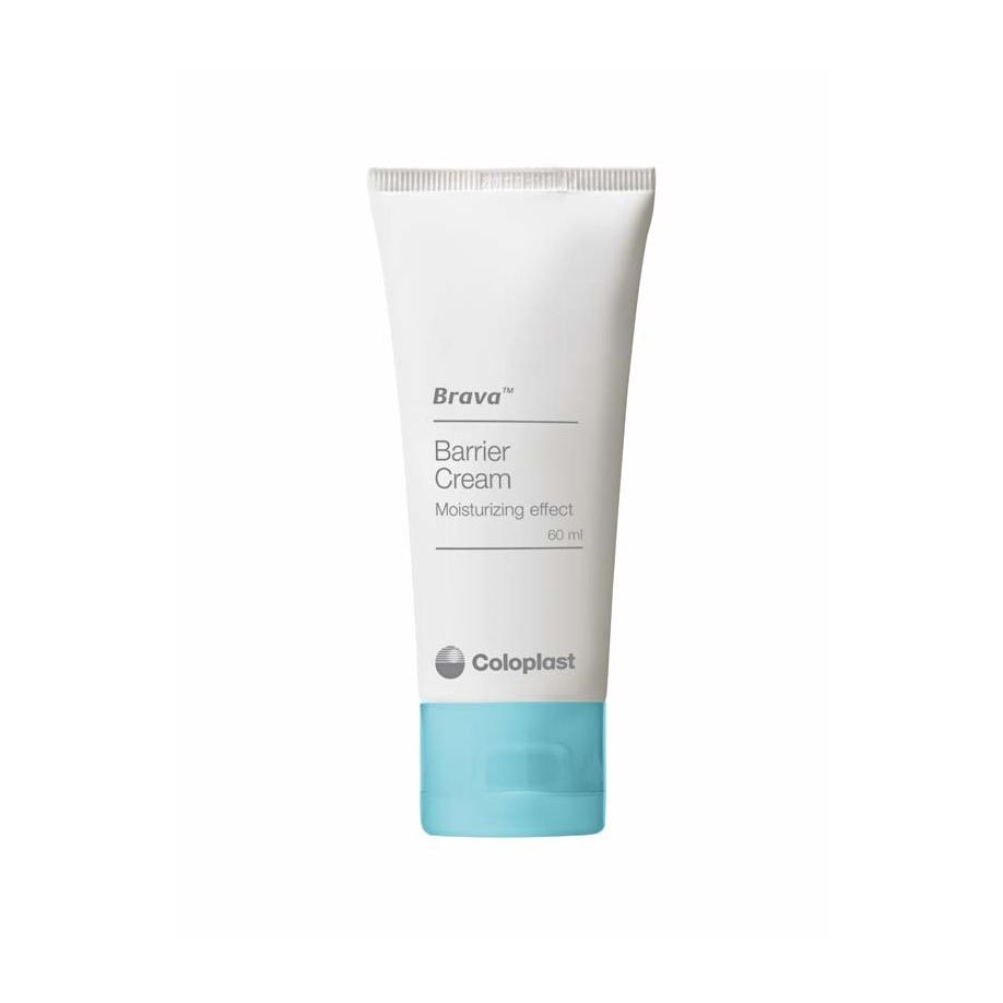 Bild zeigt die Brava Hautschutzcreme in einer 60 ml Tube, die für die Stomaversorgung konzipiert ist. Die Tube hat eine weiße Basis mit einem klaren, regelmäßig geformten Verschluss und trägt ein farbenfrohes Etikett, das die Marke Brava und die Produkthinweise zeigt. Im Hintergrund ist eine neutrale, helle Oberfläche zu sehen, die das Produkt hervorhebt. Die Creme selbst ist nicht sichtbar, der Fokus liegt auf der Verpackung.