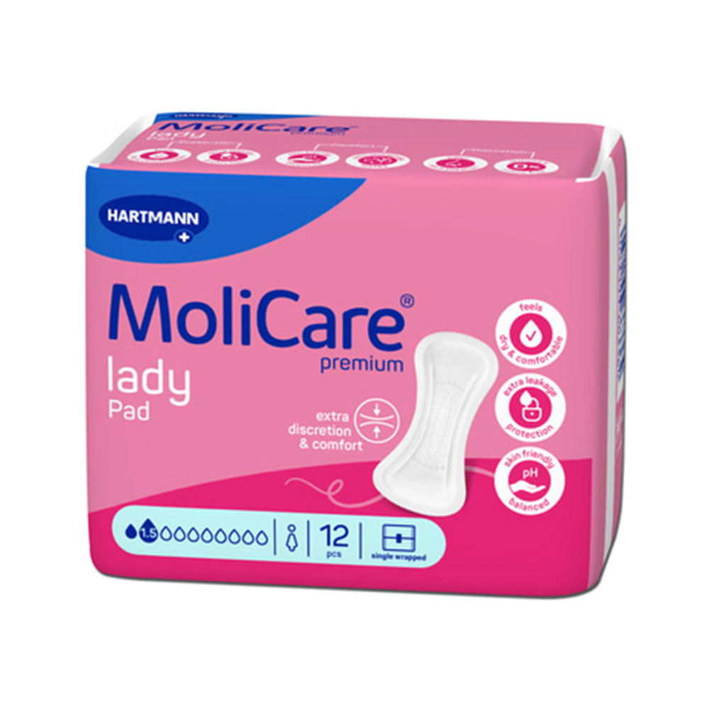 MoliCare lady Pad Inkontinenzeinlagen, Stärke 1.5, 12 Stück, diskret, einzeln verpackt, für sehr leichten Schutz.