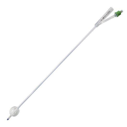 Silikonkatheter, 2-Wege-Ballonkatheter mit Nelatonspitze, abgebildet auf weißem Hintergrund. Der Katheter hat eine glatte, flexible Oberfläche und ist in einem klaren oder transparenten Farbton gehalten. Er verfügt über zwei Lumenöffnungen zur Urinableitung. Am oberen Ende sind zwei Anschlüsse zur Verbindung mit einem Urinbeutel oder einem anderen System zu sehen. Der Katheter ist 16 Fr. groß, was die Größe angibt.