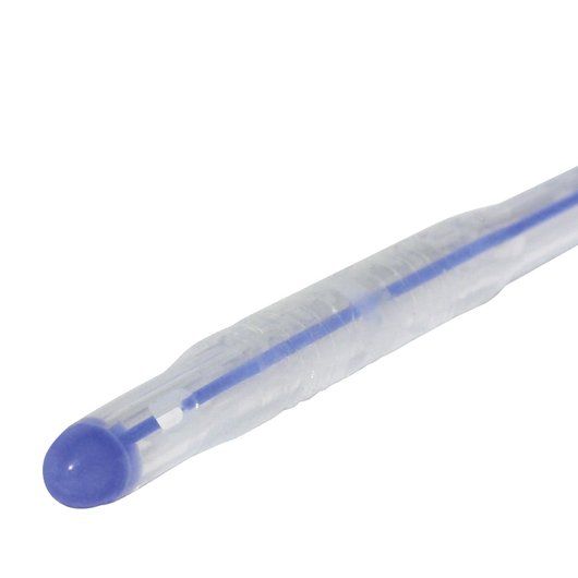 Produktbild eines Care Flow Silikonkatheters, 2-Wege-Ballonkatheter mit Nelatonspitze. Der Katheter hat eine Größe von CH 14, eine Länge von 40 cm und ein Volumen von 10 ml. Die transparente Silikonoberfläche zeigt eine glatte, flexible Struktur. An einem Ende befindet sich die abgerundete Nelatonspitze und am anderen Ende sind zwei Anschlüsse sichtbar, die für die Verbindung an medizinische Geräte vorgesehen sind.
