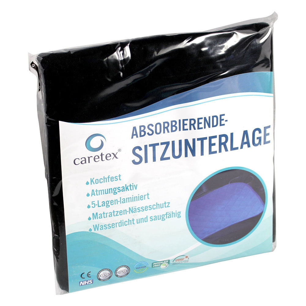 Absorbierende Sitzauflage in der Farbe Blau mit einer griffigen, strukturierten Oberfläche. Die Sitzunterlage hat eine rechteckige Form und misst 40 x 50 cm. An einer der Kanten ist ein dünner, grauer Rand zu erkennen, der die Seiten der Auflage umschließt. Die Unterlage ist speziell für Inkontinenz konzipiert und dient zum Schutz von Möbeln oder Stühlen. Die Textur der Oberfläche vermittelt eine gewisse Weichheit, und die gesamte Auflage wirkt hygienisch und pflegeleicht.