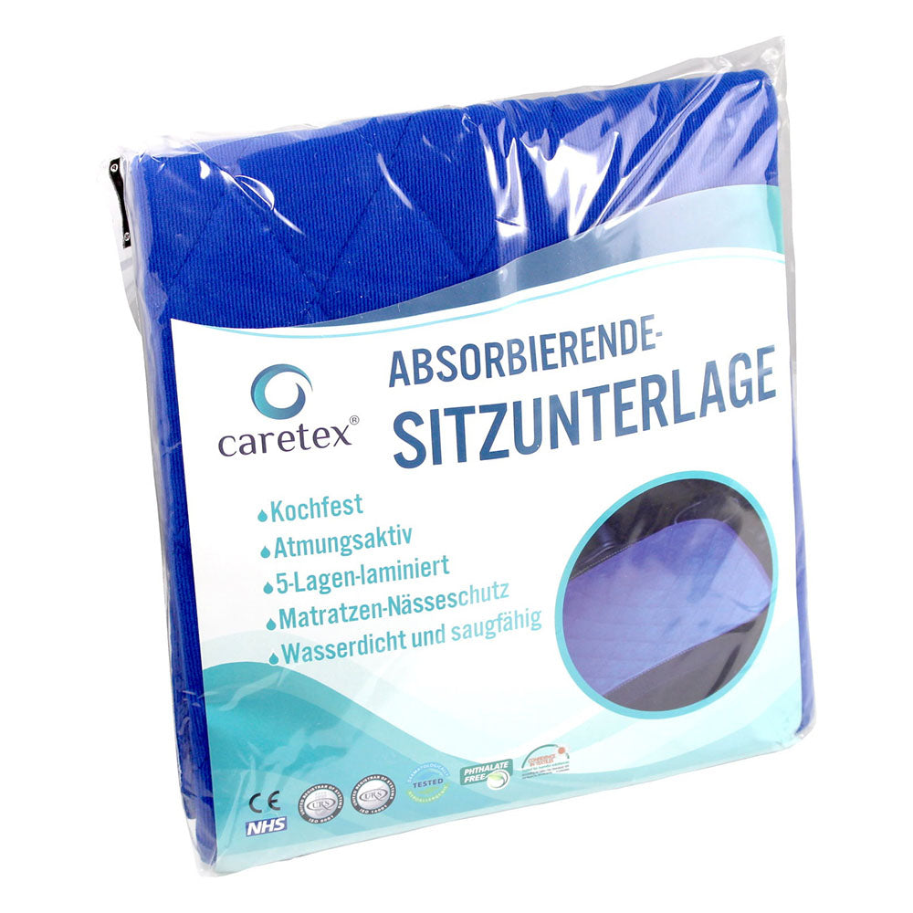 Bild einer Caretex absorbierenden Sitzauflage in der Größe 40 x 50 cm, die für Inkontinenz konzipiert ist. Die Auflage zeigt eine wasserabweisende, weiche Oberfläche in hellblau mit einem attraktiven Muster. Die Ecken sind abgerundet, was der Auflage ein modernes Aussehen verleiht. Unter der Auflage ist eine schwarze, rutschfeste Unterseite zu erkennen, die für Stabilität sorgt. Die Auflage eignet sich ideal für Stühle, Betten oder Autositz, um eine hygienische und komfortable Nutzung zu gewährleisten.