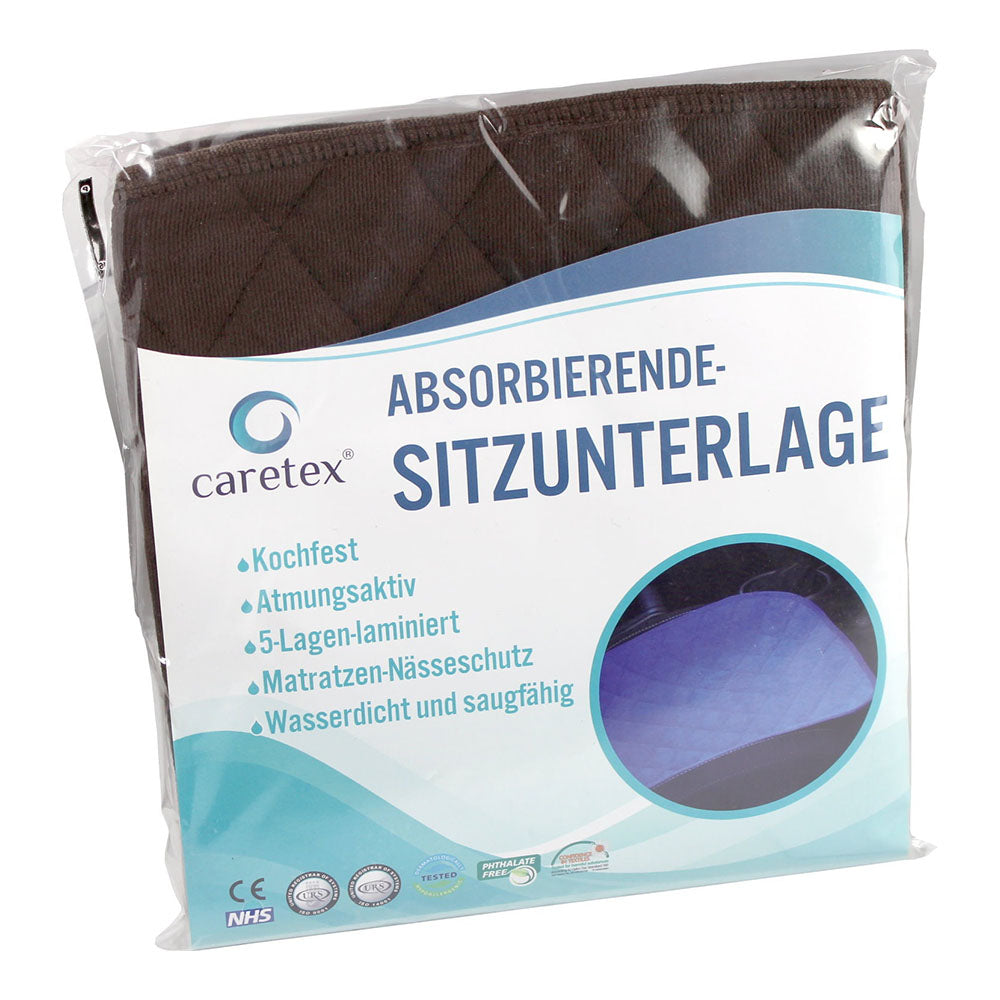 Bild einer absorbierenden Sitzauflage für Inkontinenz. Die Sitzunterlage ist quadratisch und misst 40 x 50 cm. Sie ist in einem sanften Blau gehalten und zeigt eine strukturierte Oberfläche mit feinen Mustern, die für zusätzliche Rutschfestigkeit sorgt. An den Rändern ist die Auflage leicht verstärkt, um ein Abrutschen zu verhindern. Ideal für den Einsatz auf Stühlen oder im Auto. Diese praktische Lösung bietet Schutz vor Nässe und sorgt für hygienische Bedingungen.