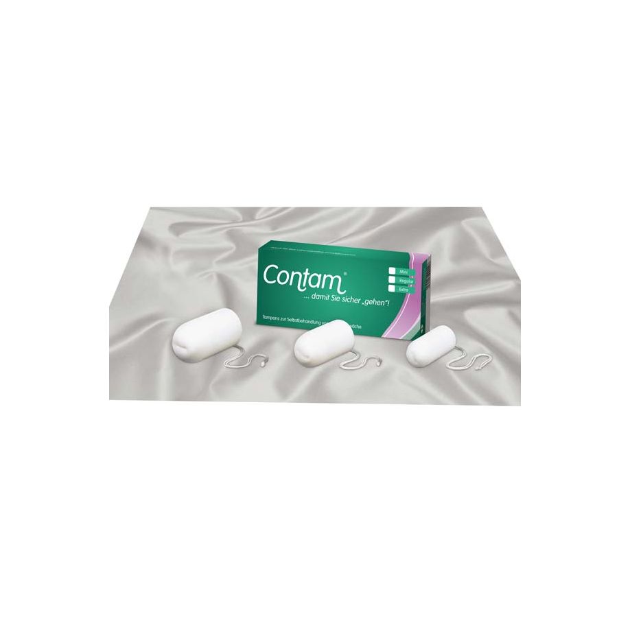 Weißer Karton mit 10 regelmäßig großen Tampons in der Mitte des Bildes. Die Verpackung ist in sanften Farben gestaltet und zeigt den Markennamen "Contam" oben. Unten auf der Verpackung sind Icons abgebildet, die die Eigenschaften der Tampons bezeichnen, wie z.B. einen hohen Saugfähigkeitsgrad. Der Hintergrund des Bildes ist neutral, wodurch die Verpackung klar hervortritt.