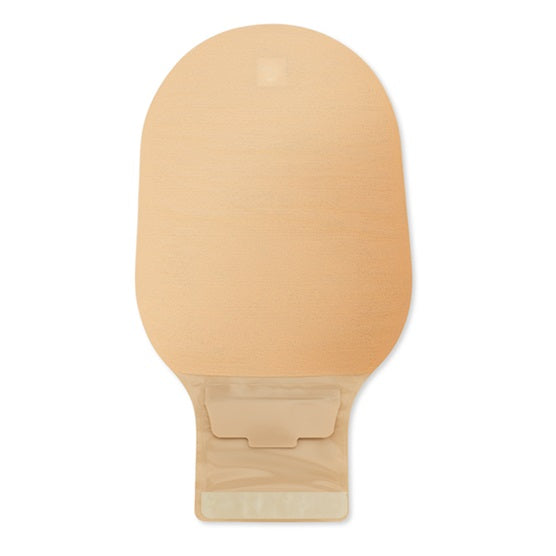 Produktbild eines Dansac Nova 1 Foldup convex Ausstreifbeutels mit einem Durchmesser von 25 mm. Der beutelförmige, hautfarbene Beutel ist auf einem weißen Hintergrund präsentiert. Er verfügt über eine glatte Oberfläche und eine flexible, abgerundete Form mit einem gewellten Rand. Sichtbar sind auch die angebrachten Klebeflächen zur sicheren Befestigung auf der Haut. In einer oberen Ecke ist das Produktlabel gut lesbar, und es sind einige technische Details zu erkennen.