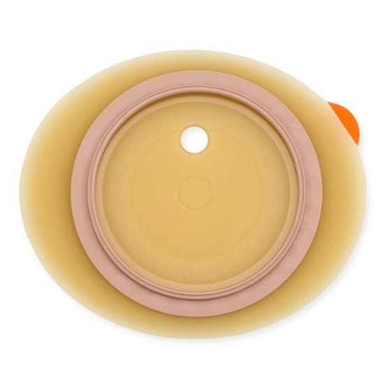 Braun-beige runde Basisplatte für ein medizinisches Hautpflegeprodukt, ideal für die Verwendung mit Stomaversorgungen. Die Oberfläche ist glatt und das Material scheint weich und flexibel zu sein, was auf einen hohen Tragekomfort hindeutet. Auf der Oberseite sind keine sichtbaren Muster oder Aufdrucke zu erkennen, während die Unterseite mit einer haftenden Beschichtung versehen ist, die einen sicheren Sitz auf der Haut verspricht. Der Durchmesser der Platte beträgt 62 mm.