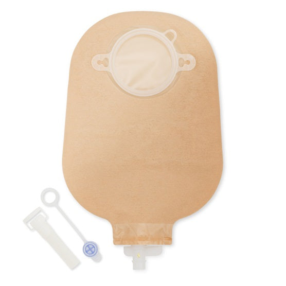 Transparentes Urinbeutel-System von Dansac, Modell Nova 2, mit einem Durchmesser von 55 mm und einem Fassungsvermögen von 330 ml. Der Beutel zeigt eine klare, glatte Oberfläche und ist für die einfache Handhabung konzipiert. Er besitzt eine gut sichtbare Markierung für die Füllstandsanzeige sowie einen auslaufsicheren Anschluss. Alle Nähte sind stabil verarbeitet, um eine sichere Verwendung zu gewährleisten.