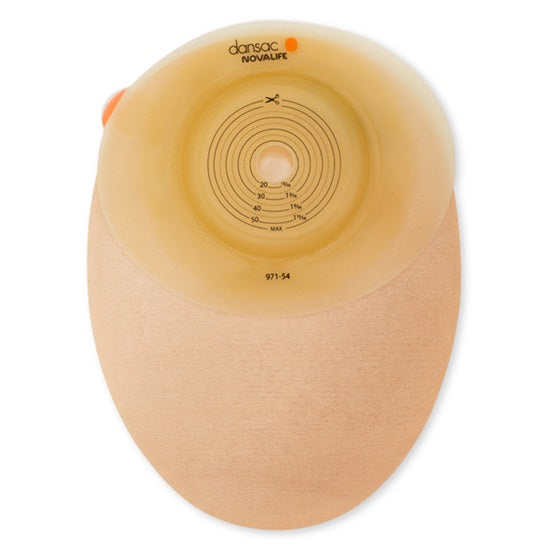 Produktbild eines Dansac Novalife 1 Ausstreifbeutels mit soft convex Design in Maxi-Größe. Der geschlossene Beutel hat einen Durchmesser von 40 mm und ist ideal für die sichere Stomaversorgung. Die transparente Oberfläche ermöglicht eine einfache Kontrolle des Beutelinhalts. Die Soft-Convex-Technologie sorgt für zusätzlichen Komfort und eine optimale Anpassung an den Körper. Der Beutel ist für die diskrete Nutzung konzipiert und bietet effektiven Schutz vor Auslaufen.