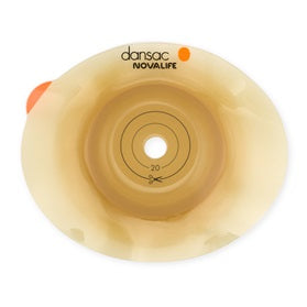 Produktbild von Dansac Novalife 2 konvexer Basisplatte, Verpackung mit 5 Stück. Die Basisplatte hat einen Durchmesser von 30 mm und ist in einem klaren, funktionalen Design gehalten. Die Vorderseite der Verpackung zeigt das Produktlogo "Dansac Novalife" sowie Details zur konvexen Form, die für optimale Anpassung sorgt. Auf der Rückseite sind Gebrauchsanweisungen und Sicherheitsinformationen abgebildet.