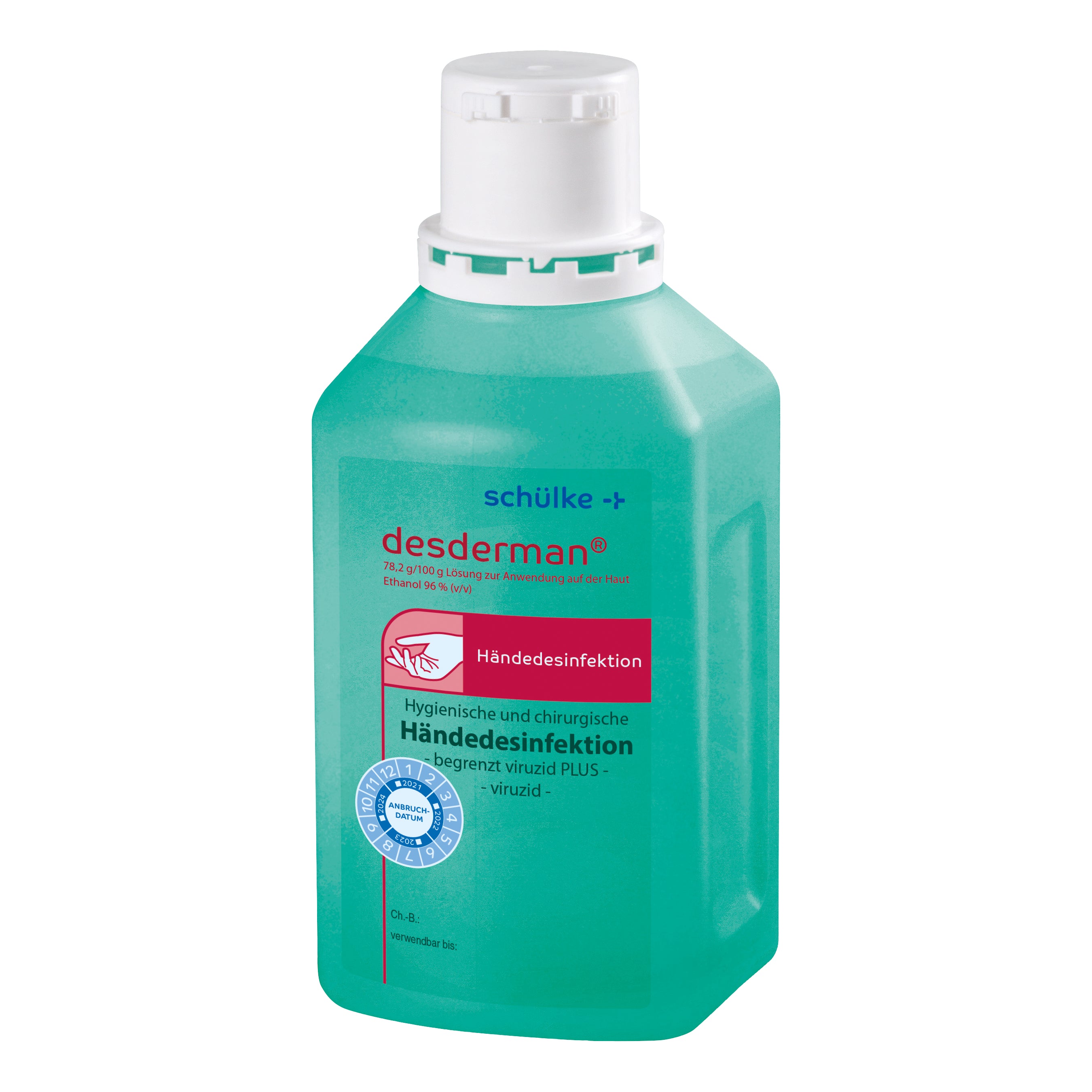 Frontalansicht einer Flasche desderman Händedesinfektion 500 ml.