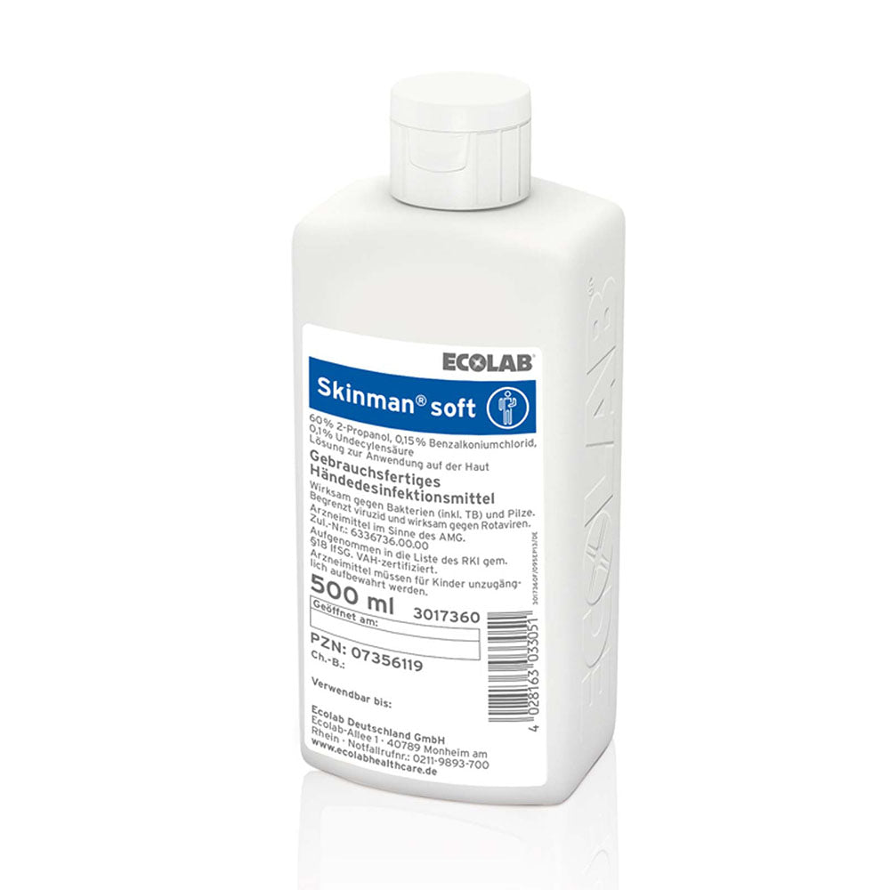 Ein weißer Spender mit dem Logo von Ecolab, gefüllt mit einer klaren, gelartigen Flüssigkeit. Der Spender hat eine praktische Pumpfunktion und ist für Hautreinigung und Pflege konzipiert. Im Hintergrund befindet sich ein neutraler, heller Untergrund, der den Spender hervorhebt. Die Flüssigkeit im Spender ist transparent und glänzend, was auf ihre feuchtigkeitsspendenden Eigenschaften hinweist. Das Produkt wird häufig in medizinischen Einrichtungen verwendet.