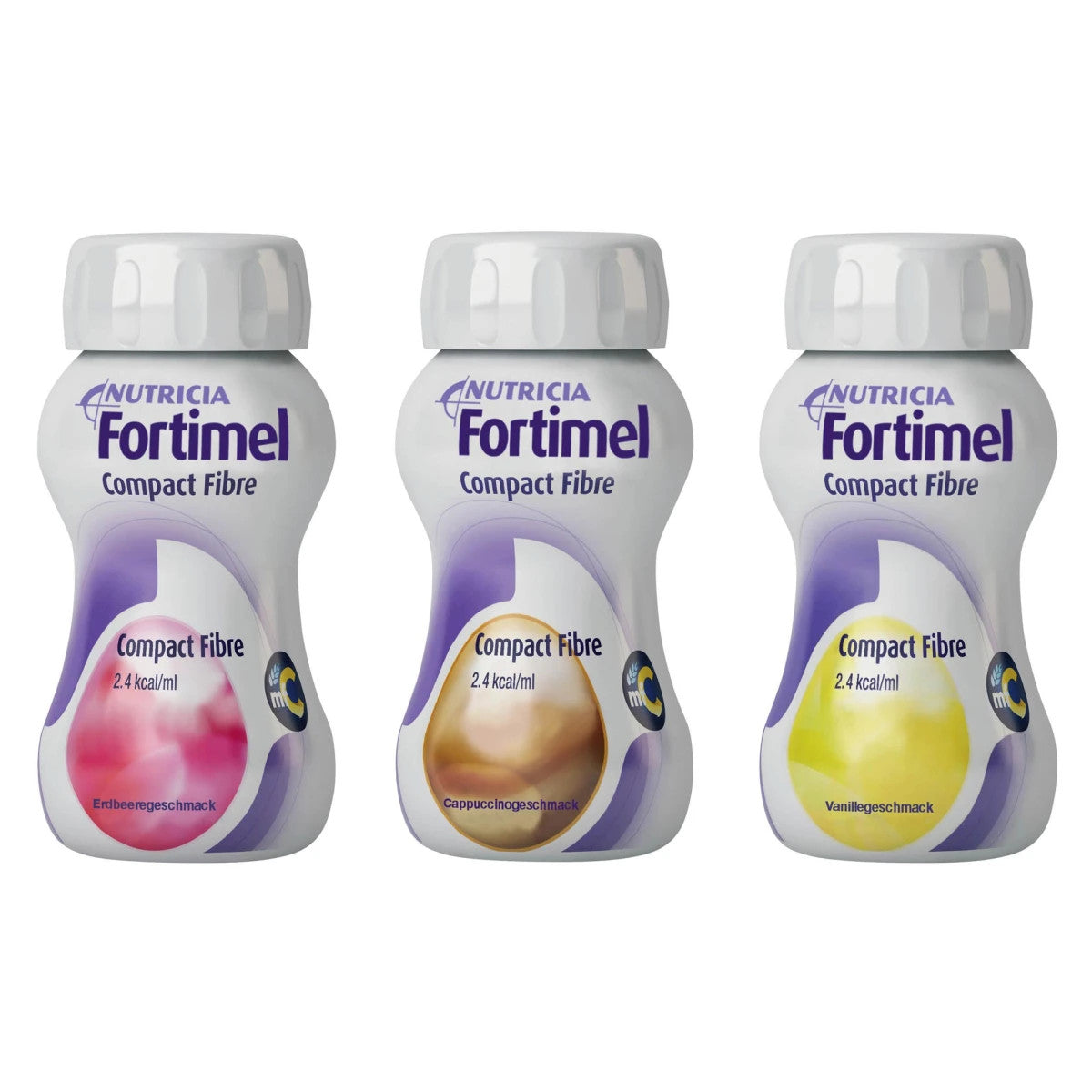 Produktbild eines Mischkartons von Fortimel Compact Fibre. Der Karton ist auf einem hellen Hintergrund abgebildet und zeigt eine Vielzahl von 4 verschiedenen Geschmacksrichtungen: Vanille, Schokolade, Erdbeere und neutral. Jede Geschmacksrichtung ist durch farbige Etiketten deutlich gekennzeichnet. Der Karton hat eine ansprechende Gestaltung mit einer klaren Produktbezeichnung und den wesentlichen Informationen zur Nährstoffversorgung.