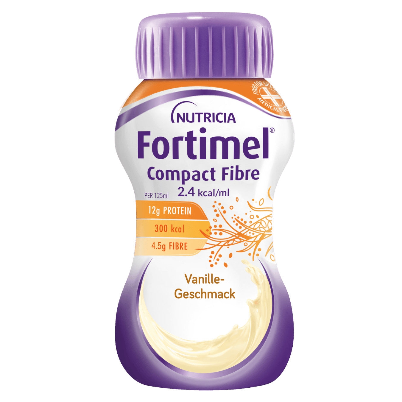 Fortimel Compact Fibre Vanille ist ein Produkt in einem eleganten, rechteckigen Behälter mit einem klaren, weißen Verschluss. Die Vorderseite zeigt ein ansprechendes Etikett mit einer gelben und weißen Farbgestaltung, die eine appetitliche Vanille-Note vermittelt. Der Produktname ist deutlich sichtbar, umgeben von Informationen über Nährstoffe und Ballaststoffe. Im Hintergrund ist ein sanfter, hellblauer Farbverlauf zu sehen, der dem Bild eine angenehme Atmosphäre verleiht.