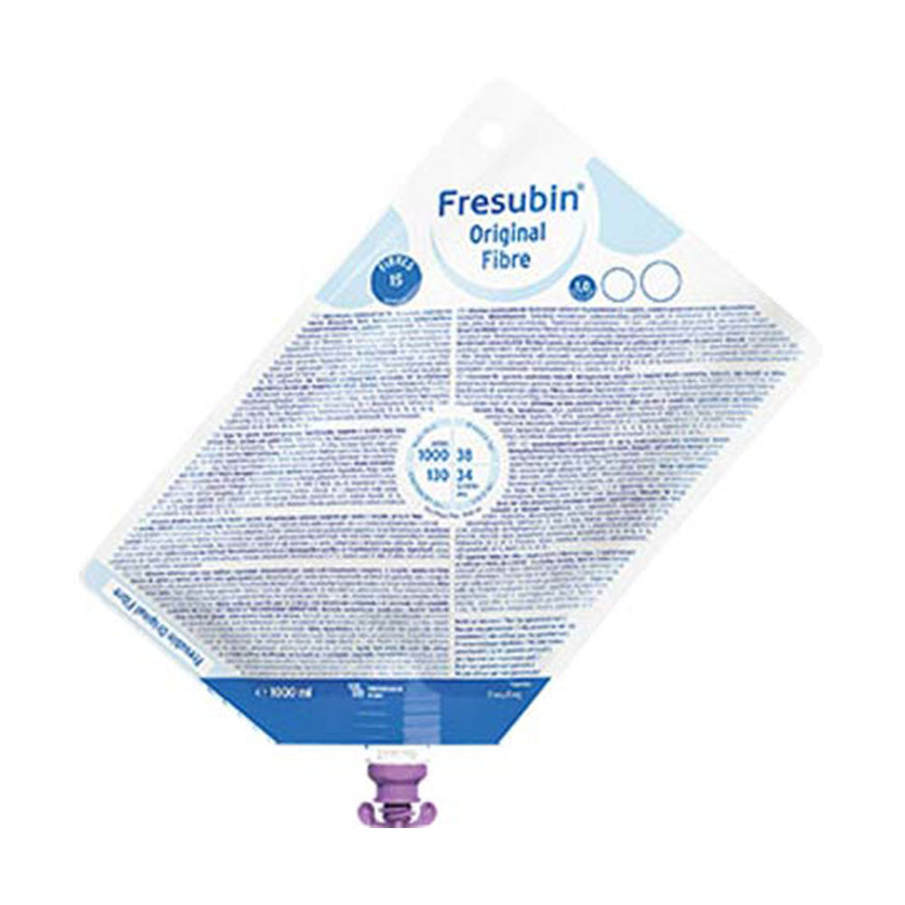 Bild eines Produkts namens "Fresubin Original Fibre Easy Bag". Die Verpackung ist transparent und zeigt den Inhalt, eine hellgelbe, cremige Flüssigkeit in einem aufrechten, stabilen Beutel. Auf der Vorderseite sind der Produktname sowie wichtige Informationen in bunten, klaren Schriftzügen abgedruckt. Das Design ist modern, mit einer praktischen Ausgussöffnung am oberen Ende des Beutels.