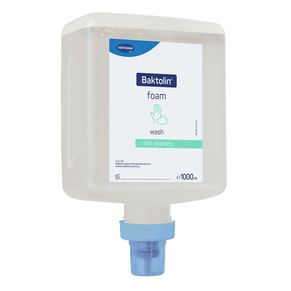 Baktolin Foam Wash Handreinigungsschaum in einer 1000 ml Überkopf-Flasche für Cleansafe-Spender. Die Flasche hat ein modernes, schlankes Design und ist in einem klaren weißen Farbton mit blauen und grünen Designelementen. Die Vorderseite zeigt das Produktlogo und die Bezeichnung "Handreinigungsschaum" deutlich, begleitet von einem Hinweis auf die Hautfreundlichkeit.