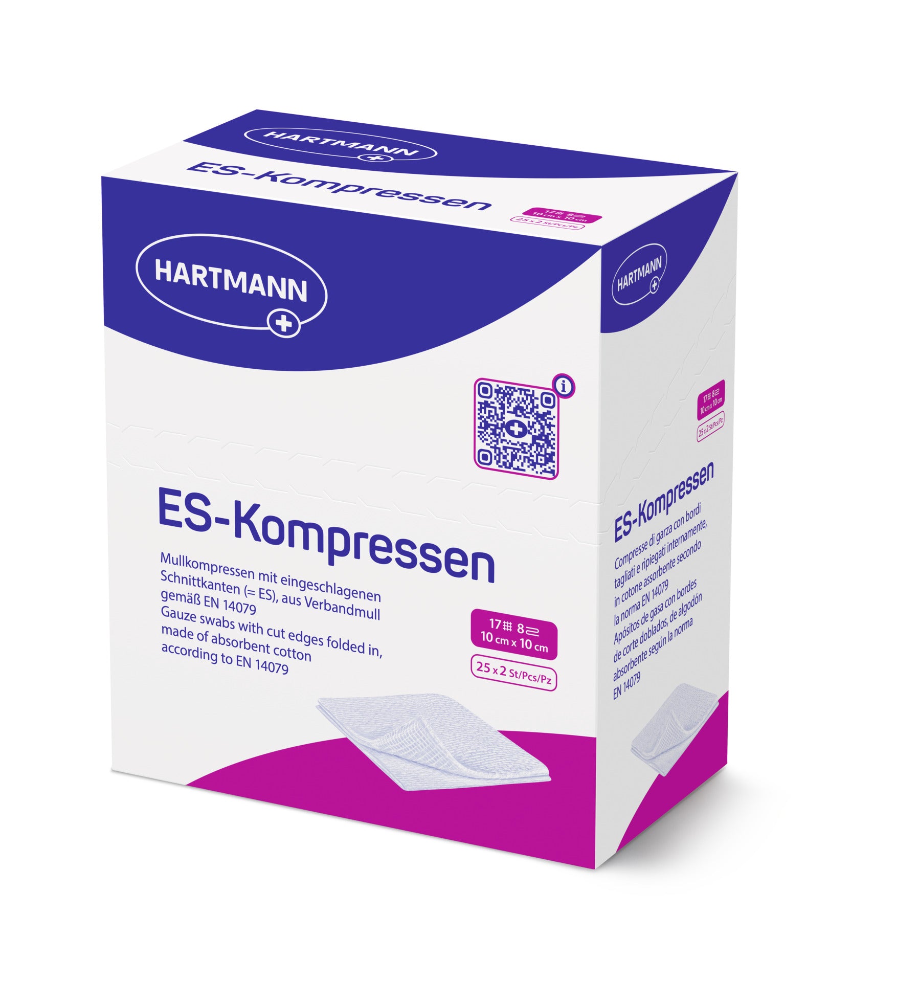 Verpackung HARTMANN ES-Kompressen steril 10×10 cm, 17-fädig, 8-fach, 25×2 Stück.