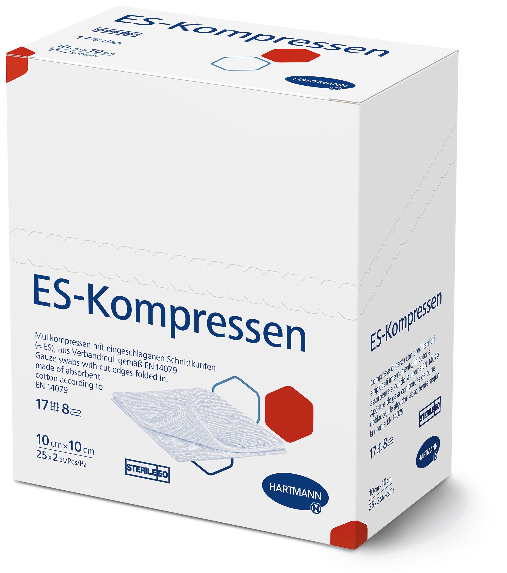 Sterile Mullkompressen von Hartmann, 10 x 10 cm, 17-fädig, 8-fach. Die Kompressen sind in einer durchsichtigen, hygienischen Verpackung präsentiert, die eine klare Sicht auf das Produkt bietet. Jede Kompresse ist quadratisch, aus hochwertigem, weichem Mull gefertigt, ideal für die Wundversorgung, steril und einzeln verpackt. Die Verpackung hebt die Verwendungsmöglichkeiten in der Medizin hervor, z.B.