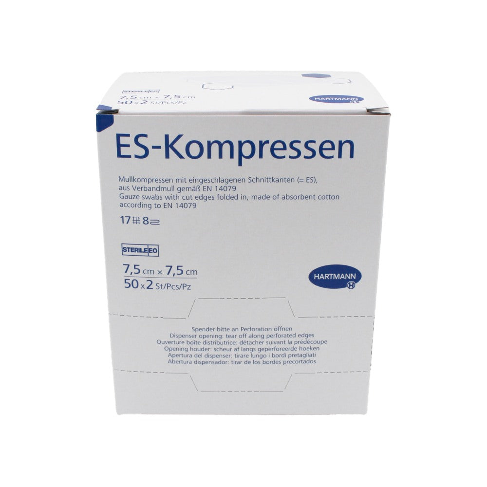Sterile Mullkompressen von Hartmann, quadratisch mit den Maßen 7,5 x 7,5 cm. Das Produkt besteht aus 17-fädigem, weißem Mull und ist achtlagig, was eine hohe Saugfähigkeit und Weichheit gewährleistet. Die Kompressen sind sauber verpackt und eignen sich ideal für Wundauflagen und medizinische Anwendungen. Die Verpackung zeigt eine klare Darstellung des Produkts und enthält Hinweise zu den Eigenschaften und der Anwendung der Kompressen.