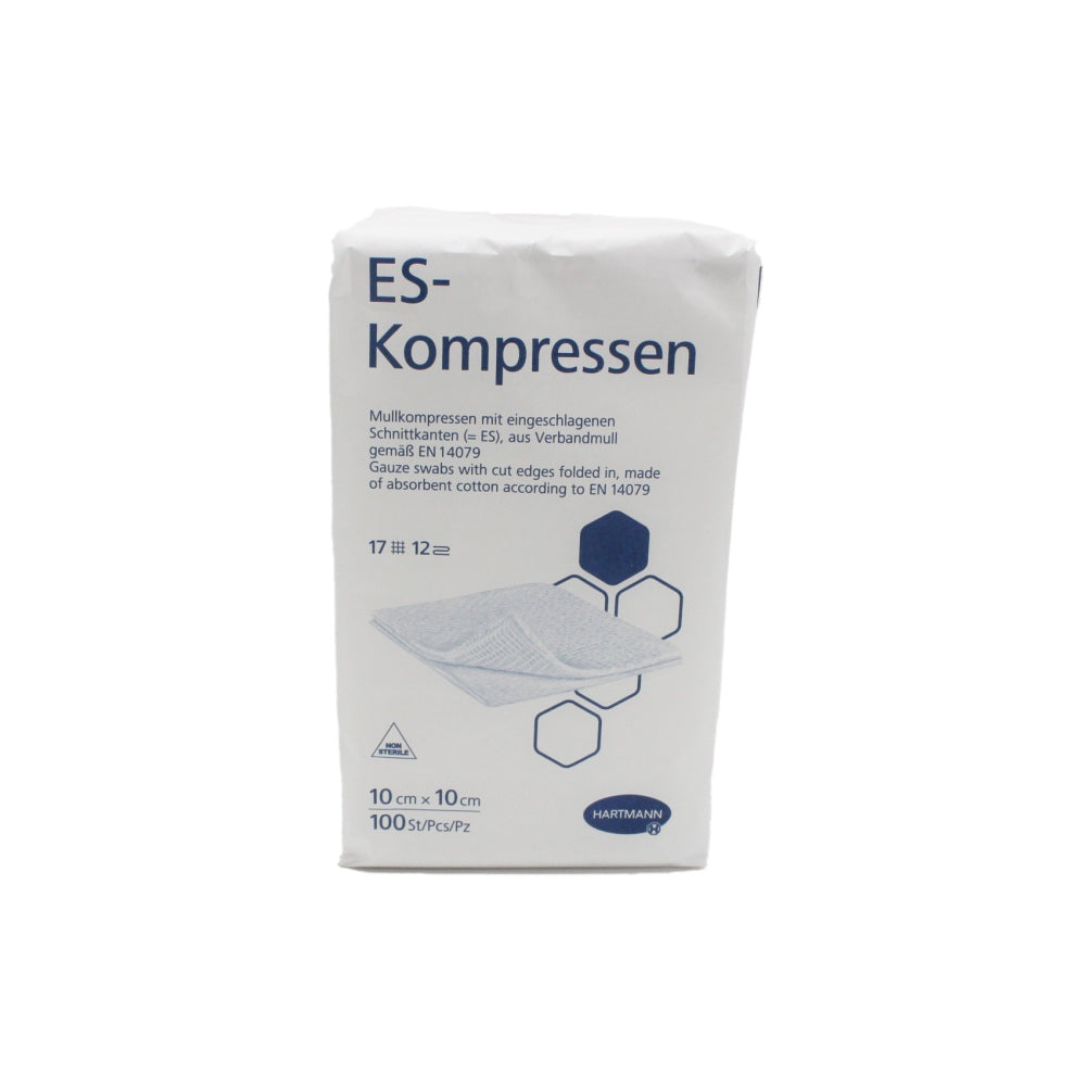 Bild von Hartmann ES Mullkompressen, unsteril, verpackt in einem weißen, rechteckigen Karton. Die Kompressen sind 10 x 10 cm groß und 17-fädig. Auf der Vorderseite des Kartons sind klare, schwarze Schriftzüge mit der Produktbezeichnung und den Eigenschaften wie "unsteril" und "12-fach". Der Hintergrund ist neutral, um das Produkt hervorzuheben. Die Verpackung wirkt professionell und ist für den medizinischen Einsatz konzipiert.
