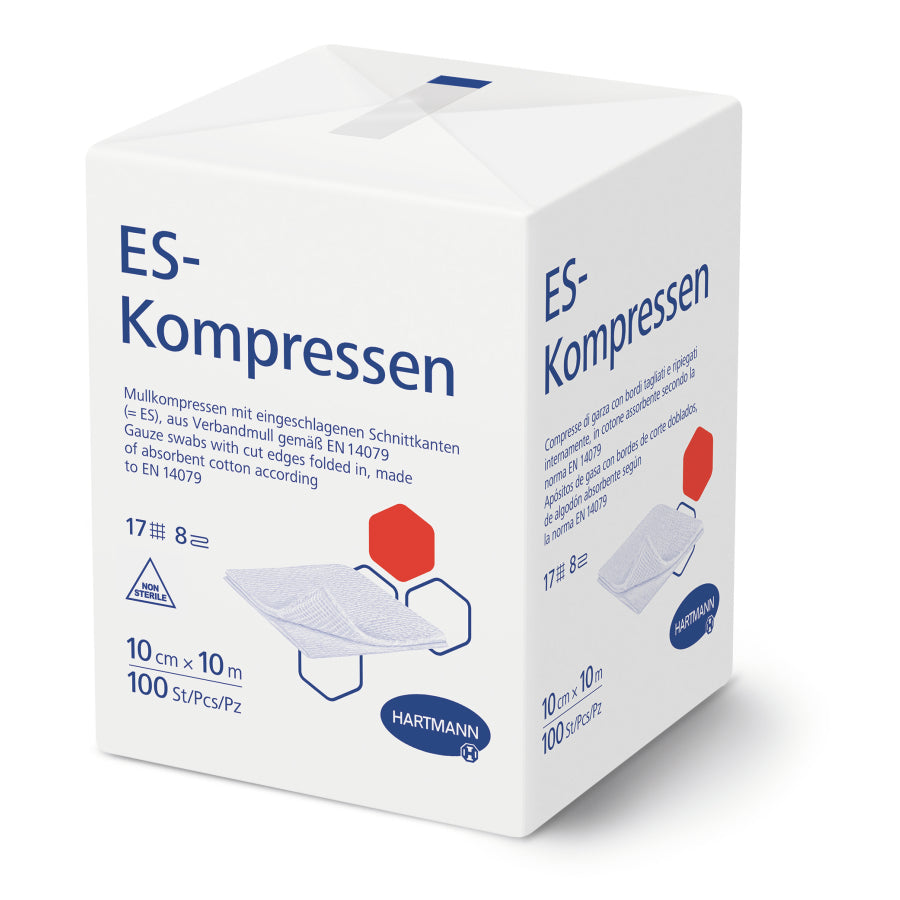 Das Produktbild zeigt eine Verpackung mit mehreren unsterilen Mullkompressen von Hartmann. Jede Kompresse hat eine quadratische Form von 10 x 10 cm und ist 17-fädig sowie 8-fach genäht, was ihre Robustheit und Saugfähigkeit unterstreicht. Die Kompressen sind im oberen Bereich der Verpackung sichtbar angeordnet, die Verpackung selbst ist in einem ansprechenden Design gehalten, mit klaren Informationen zur Anwendung und den Produkten. Der Hintergrund ist neutral, um die Produkte hervorzuheben.
