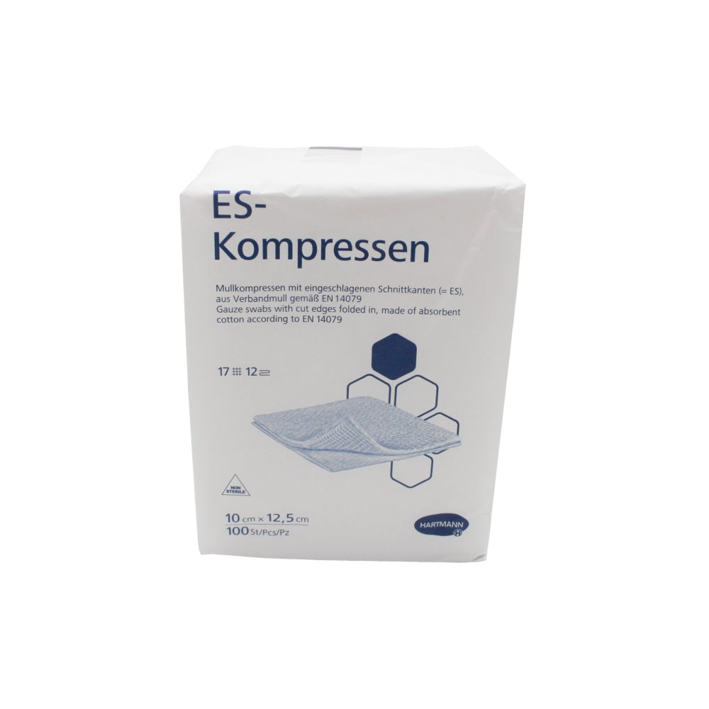 Bild von Hartmann ES Mullkompressen unsteril, Größe 10 x 12,5 cm. Die Kompressen sind in einem transparenten, platzsparenden Packungsdesign angeordnet. Jede Kompresse hat eine saubere, weiße Oberfläche und besteht aus 17-fädiger, hochwertiger Mullware. Die Verpackung ist beschriftet mit Produktinformationen, darunter die Stückzahl und die unsterile Natur des Produkts. Ideal für die Wundversorgung in medizinischen Anwendungen, sorgt die Kompresse für eine hohe Saugfähigkeit und Atmungsaktivität.