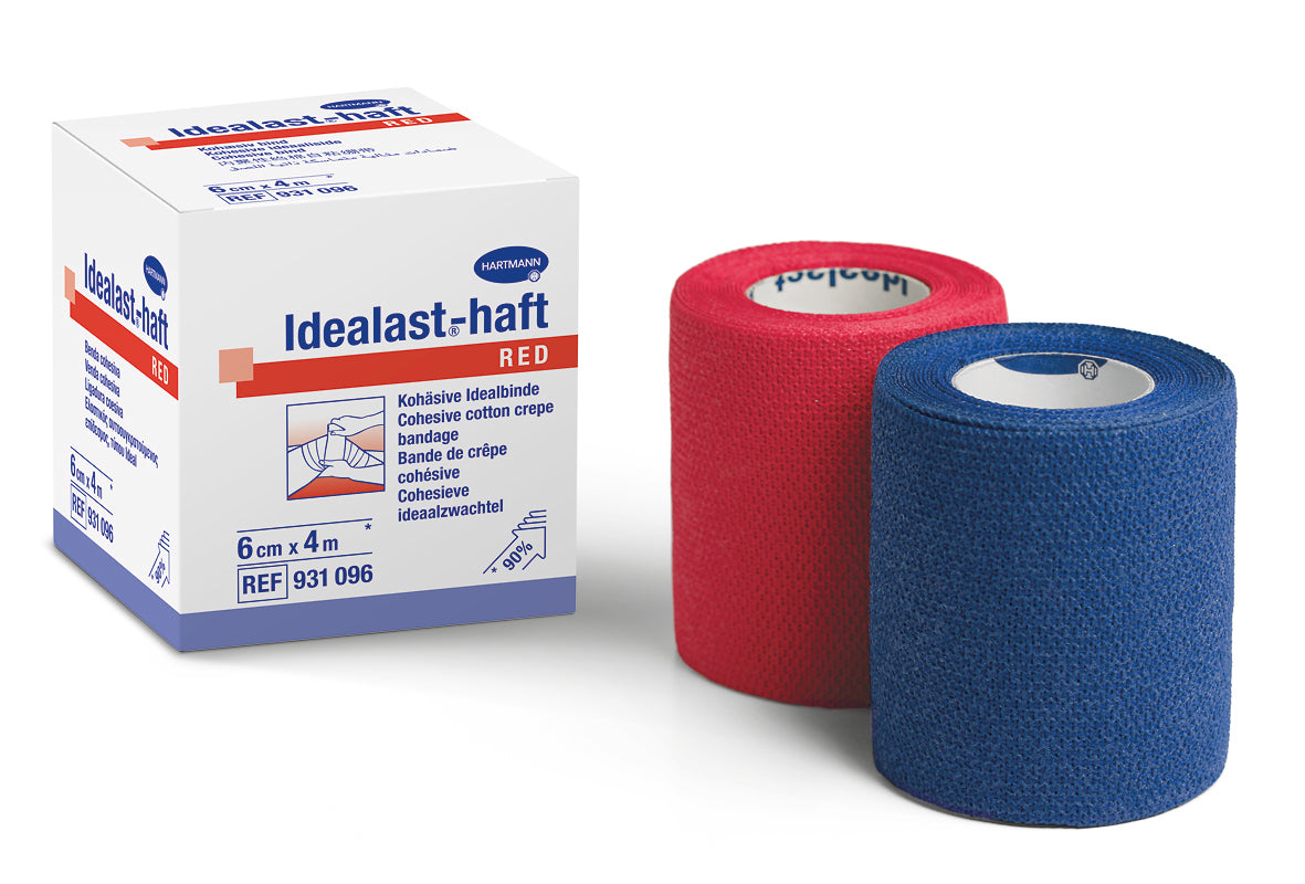Bildbeschreibung: Das Produktbild zeigt zwei Rollen elastisches Haftband von Hartmann Idealast. Die erste Rolle auf der linken Seite ist in kräftigem Blau und die zweite Rolle auf der rechten Seite in leuchtendem Rot. Jede Rolle hat eine Breite von 6 cm und eine Länge von 4 m. Die Bänder sind in einer glatten, gleichmäßigen Struktur dargestellt und befinden sich auf einem neutralen, weißen Hintergrund. Die Verpackung ist farblich ansprechend und hebt die Eigenschaften des Produktes hervor.