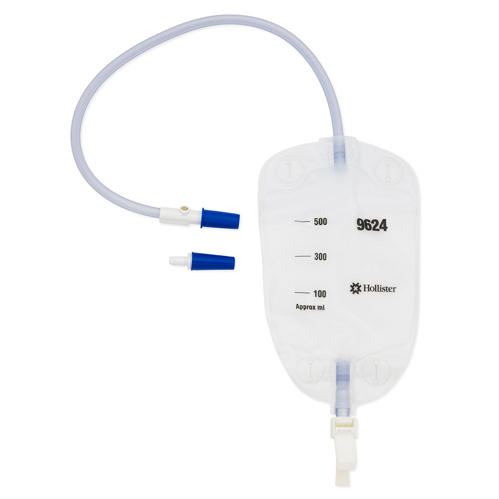 Bild eines Hollister Beinbeutels, steril, mit Ableitungsschlauch, 500 ml Volumen. Der Beinbeutel hat einen variablen Einlass von 50 cm und wird in einer Packung mit 10 Stück angeboten. Der Beutel ist aus transparentem Material gefertigt, sodass der Füllstand gut sichtbar ist. Er verfügt über eine sichere Verschlussmechanik und Schlauchanschlüsse, die eine einfache Handhabung ermöglichen.