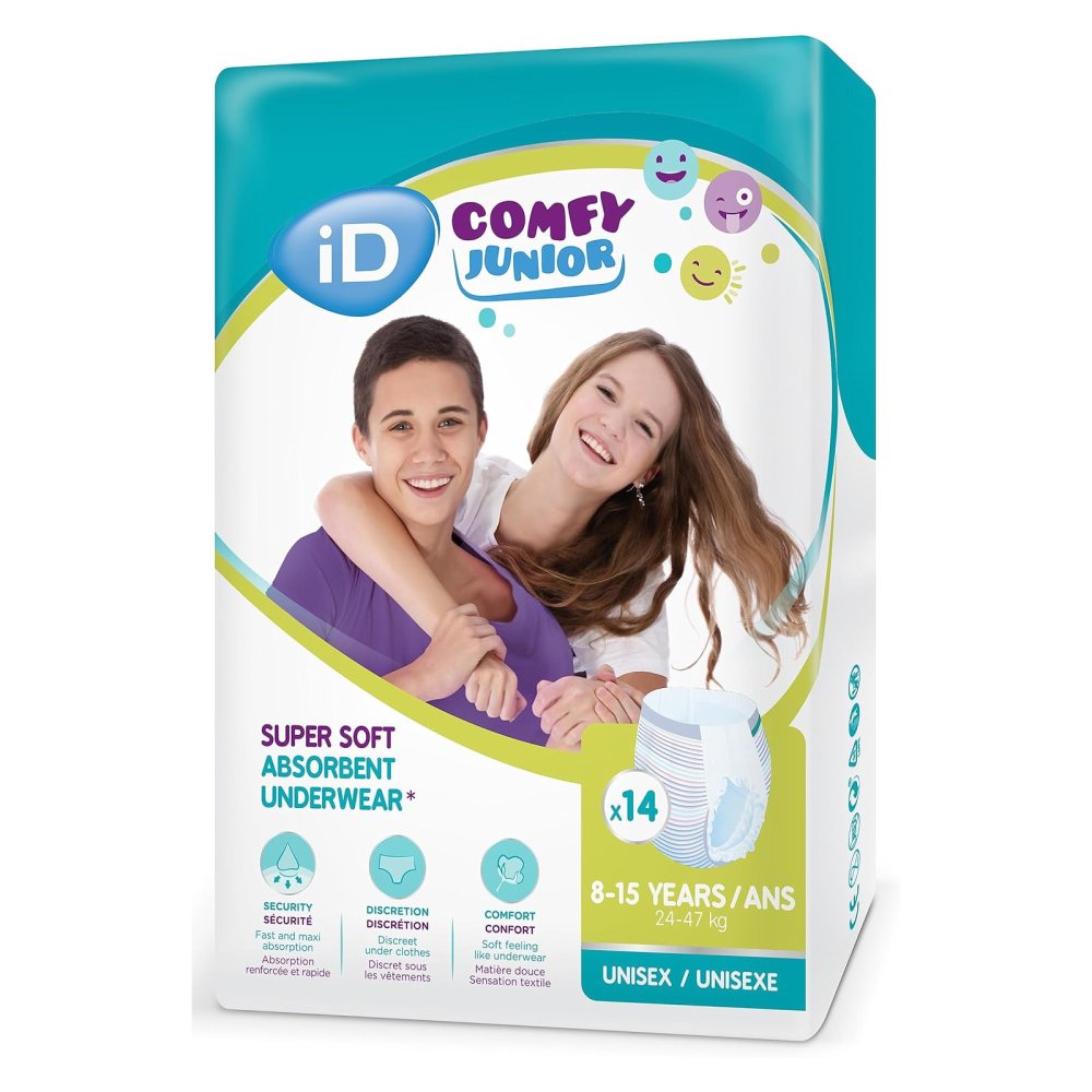 Produktverpackung der iD Comfy Junior Pants für Kinder von 8 bis 15 Jahren – Unisex-Windelhosen mit diskretem Design und weichem Tragekomfort.