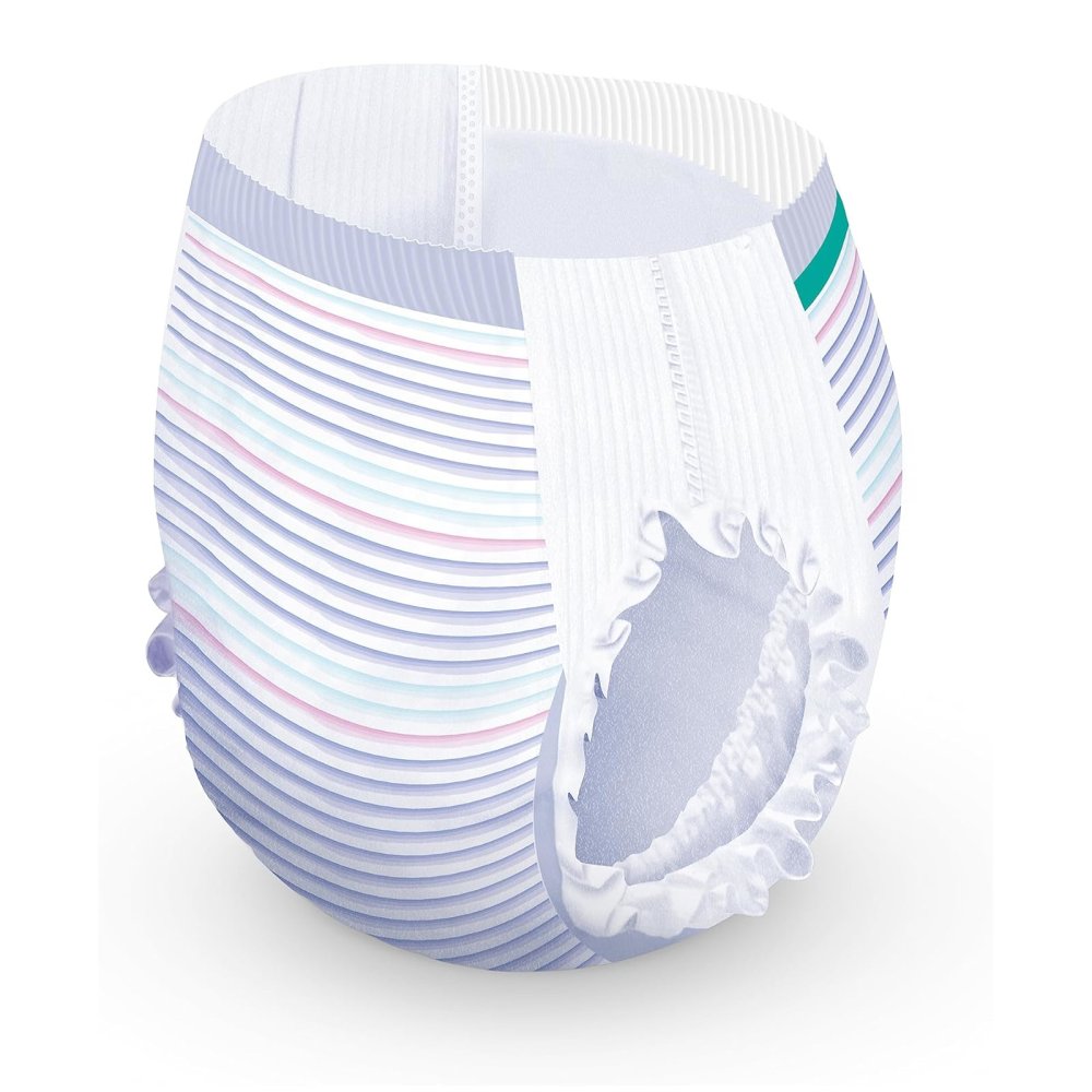 Nahaufnahme der iD Comfy Junior Pants mit farbigen Streifen, elastischem Bund und Anti-Leck-Manschetten für sicheren Sitz und Schutz.