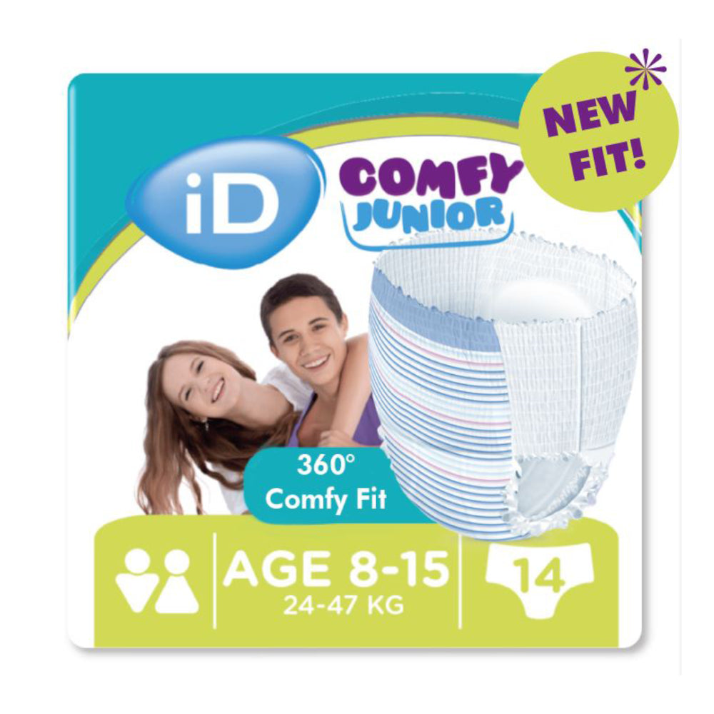 Produktverpackung der iD Comfy Junior Pants für Kinder von 8 bis 15 Jahren – Unisex-Windelhosen mit diskretem Design und weichem Tragekomfort.