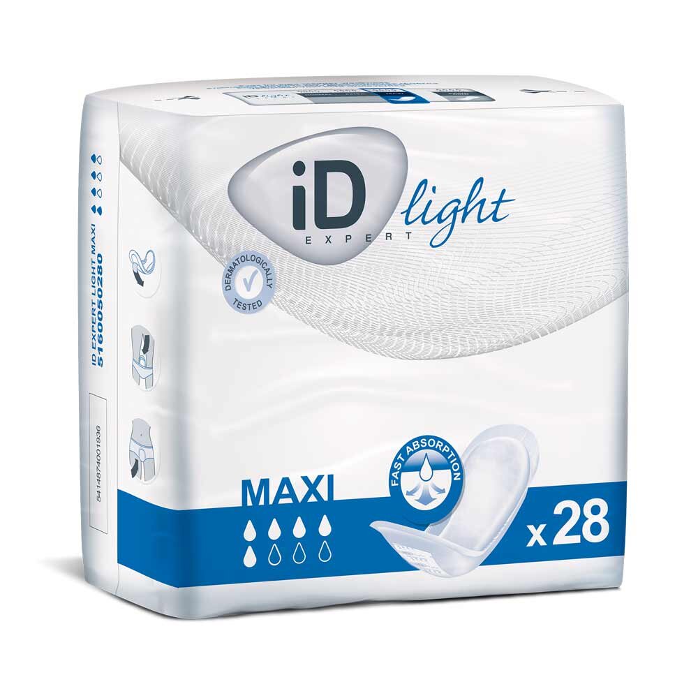 Das Produktbild zeigt den ID Expert Light Maxi, einen schützenden Inkontinenzartikel. Der Artikel ist in einer transparenten Verpackung dargestellt, die das Produkt in einer liegenden Position zeigt. Der Inkontinenzschutz hat eine helle, neutrale Farbe und eine anatomische Form für zusätzlichen Komfort. Die Verpackung ist mit klaren und informativen Grafiken versehen, die die wichtigsten Merkmale des Produkts hervorheben, einschließlich Saugfähigkeit und Benutzerfreundlichkeit.