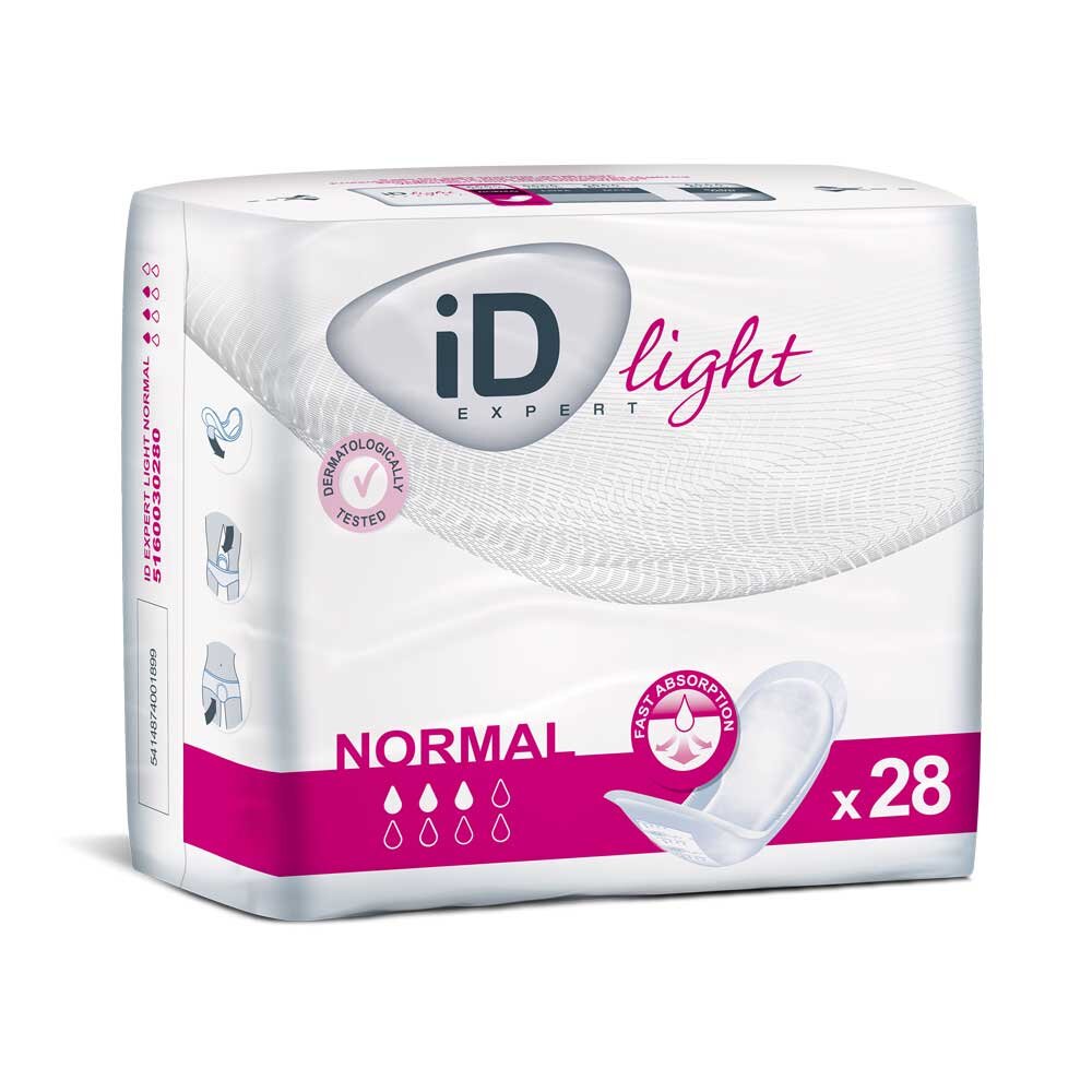 Inkontinenzeinlagen "ID Expert Light Normal" in Verpackung. Die Einlagen sind für den diskreten Schutz bei leichten bis mäßigen Inkontinenzanfällen konzipiert. Auf der Vorderseite der Verpackung sind das Produktlogo und Informationen über die Saugleistung abgebildet. Die Einlagen sind in einem hellen, hygienischen Design gehalten und mit einem Saugkern ausgestattet, der Feuchtigkeit schnell aufnimmt.