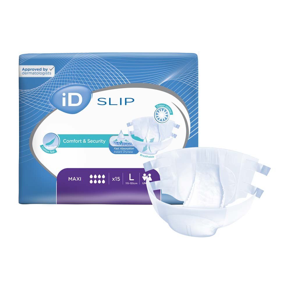 Produktbild eines ID-Expert Slip Maxi in Größe L, weiß. Die in der Mitte stehende Packung zeigt ein Logo und die Produktbezeichnung. Der Slip wirkt weich und bequem, ideal für den täglichen Gebrauch. Im Hintergrund ist eine sanfte, neutrale Farbgebung zu erkennen, die den Fokus auf das Produkt lenkt. Der Slip ist vollständig umhüllt und bietet einen maximalen Schutz. Die Packung hebt die atmungsaktive Qualität und die anatomische Form des Slips hervor, die sowohl für Herren als auch für Damen geeignet ist.