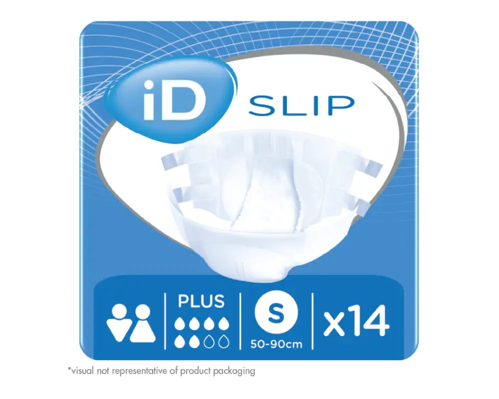Verpackung des iD Slip S Plus in Größe S (50–90 cm), Plus-Saugstärke, Inhalt: 14 Stück.