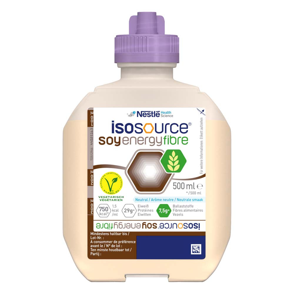 Isosource SoyEnergy Fibre von Nestlé Health Science, 500 ml Flasche, hochkalorische Sondennahrung mit Sojaeiweiß und Ballaststoffen, vegetarisch, laktosefrei, neutraler Geschmack.