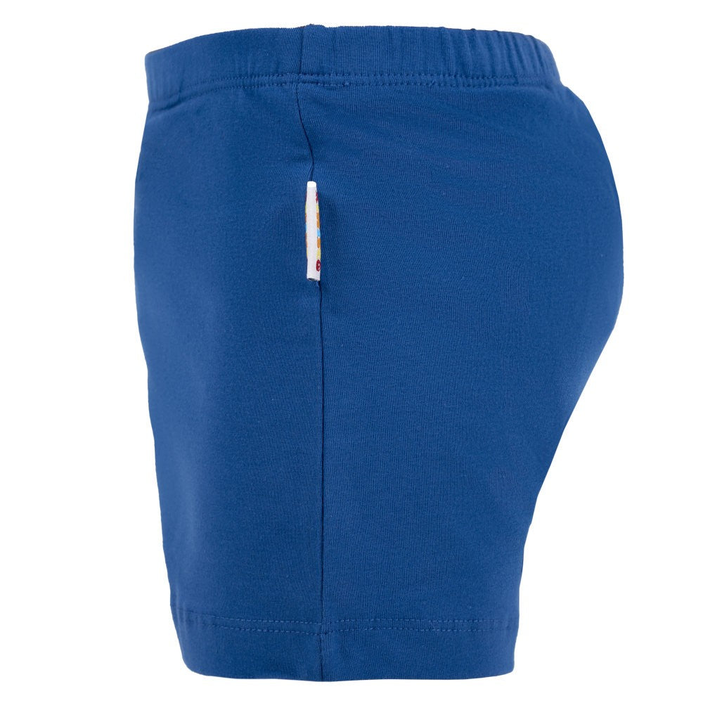 Seitenansicht der kiwisto Kids ActivePants in Blau mit elastischem Bund und Etikett.