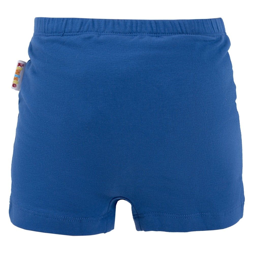 Nahaufnahme der Rückseite der kiwisto Kids ActivePants in Blau, mit sichtbarem Etikett an der Seite.