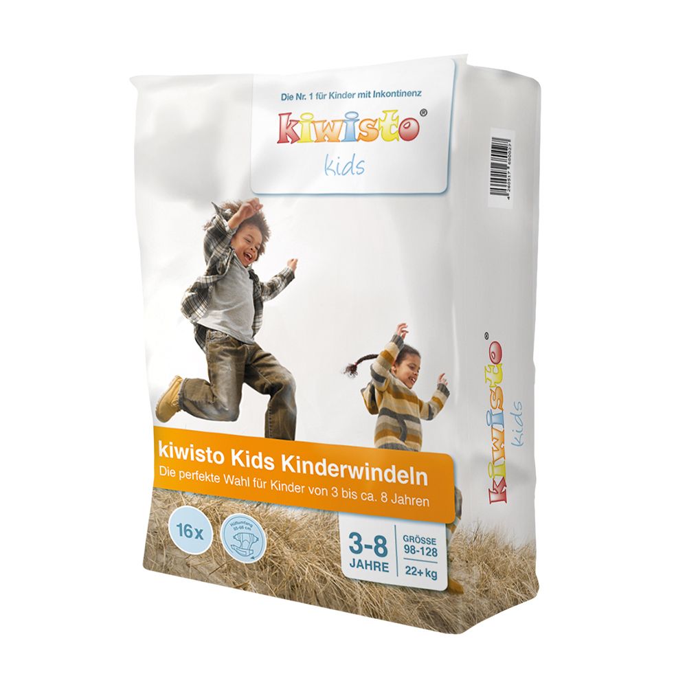 Verpackung der Kiwisto Kids Kinderwindeln mit zwei springenden Kindern, Aufdruck: 3–8 Jahre, 22+ kg, 16 Stück.
