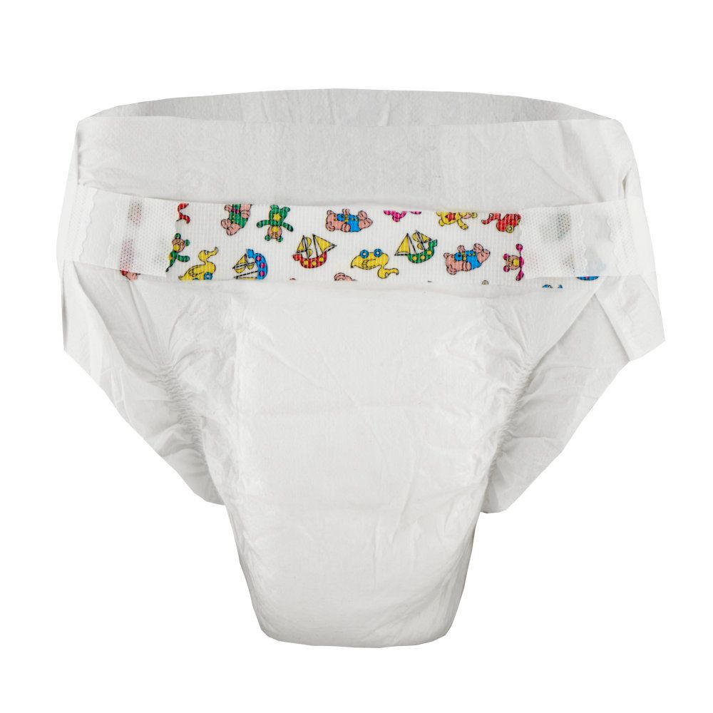 Kiwisto Kids Kinderwindel in der Vorderansicht, mit elastischem Bund und buntem Muster.