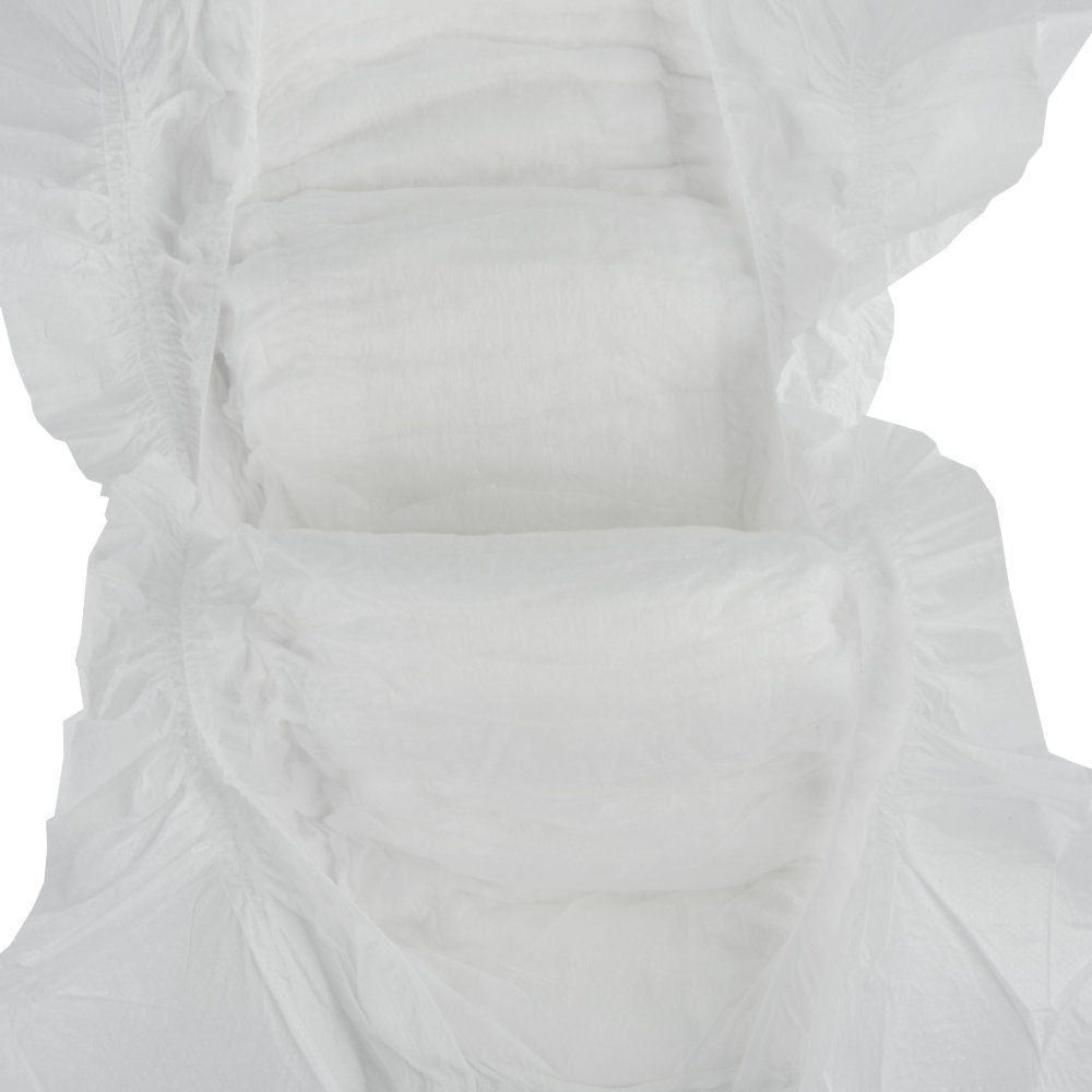 Innenansicht der Windel mit mehrlagiger saugfähiger Polsterung und elastischen Auslaufsperren.